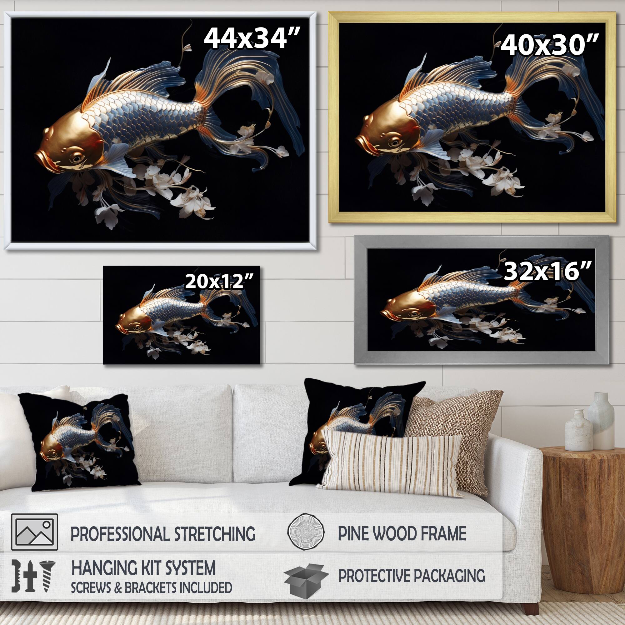 Designart "Gold Kois Fish Mysterious Shadows" Animals Framed Wall Art